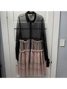 Love Highlight Sheer Mesh Tiered Ruffle Shirt Dress Black Pink 3XL